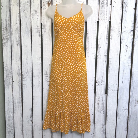 Brovave Dresses & Skirts - Brovave Mustard Yellow Abstract Polka Dot Midi Sundress Size L Ruffle Hem Boho